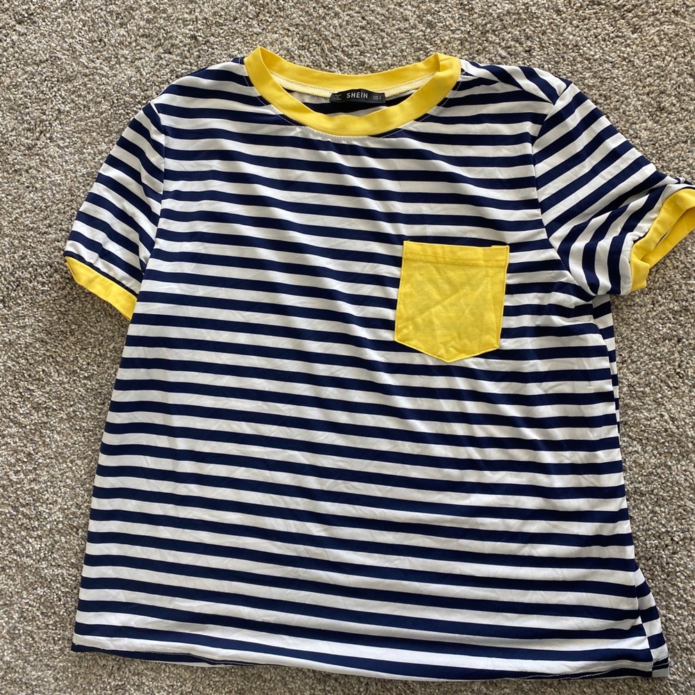 Navy blue and yellow striped shirt